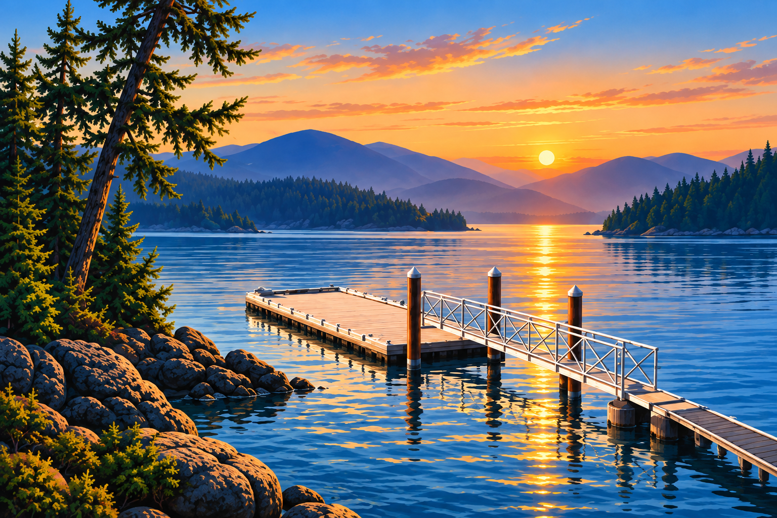 Private dock and gangway on a coastal inlet at sunset